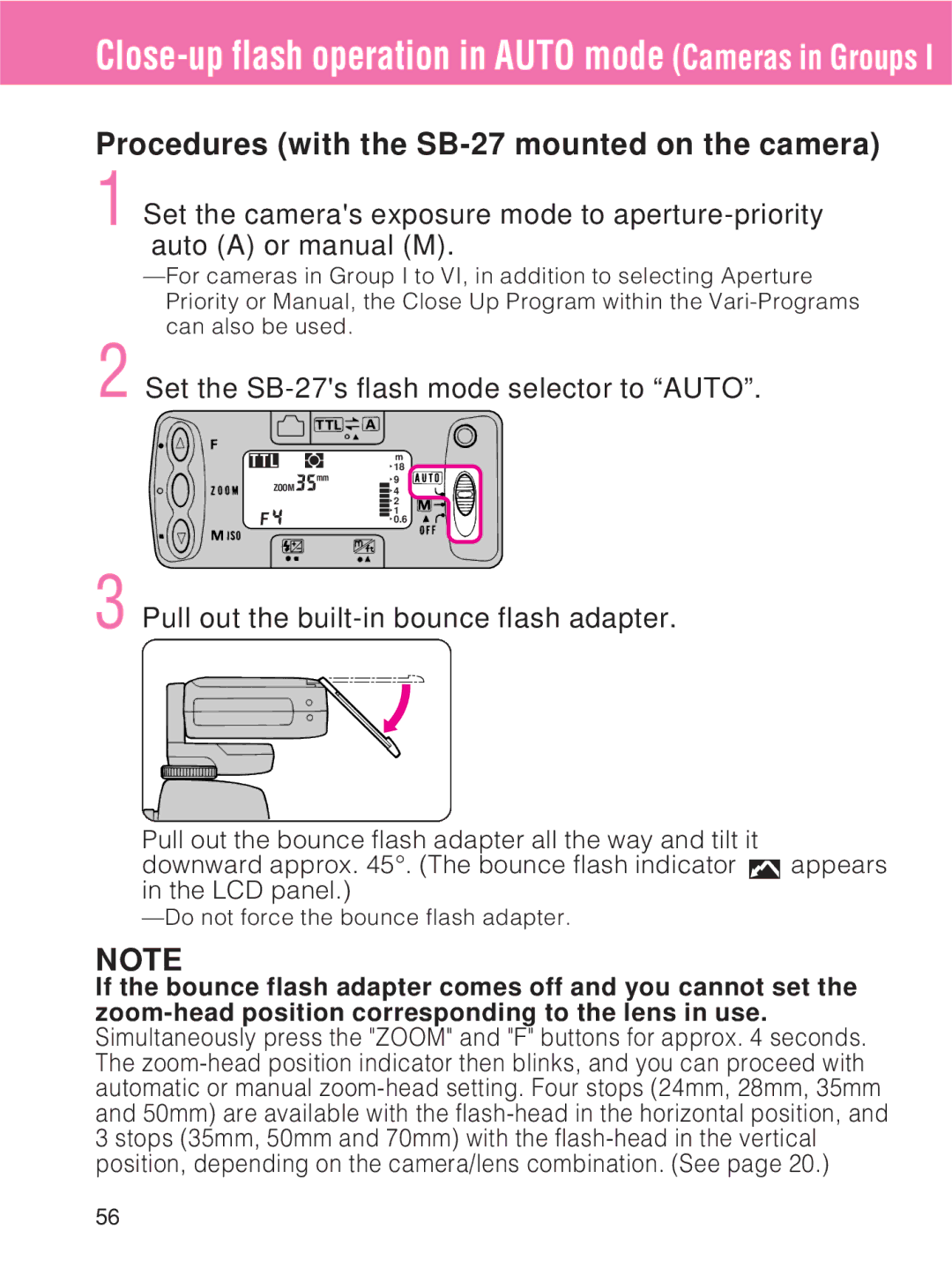 Nikon Close-up flash operation in Auto mode Cameras in Groups, Procedures with the SB-27 mounted on the camera 