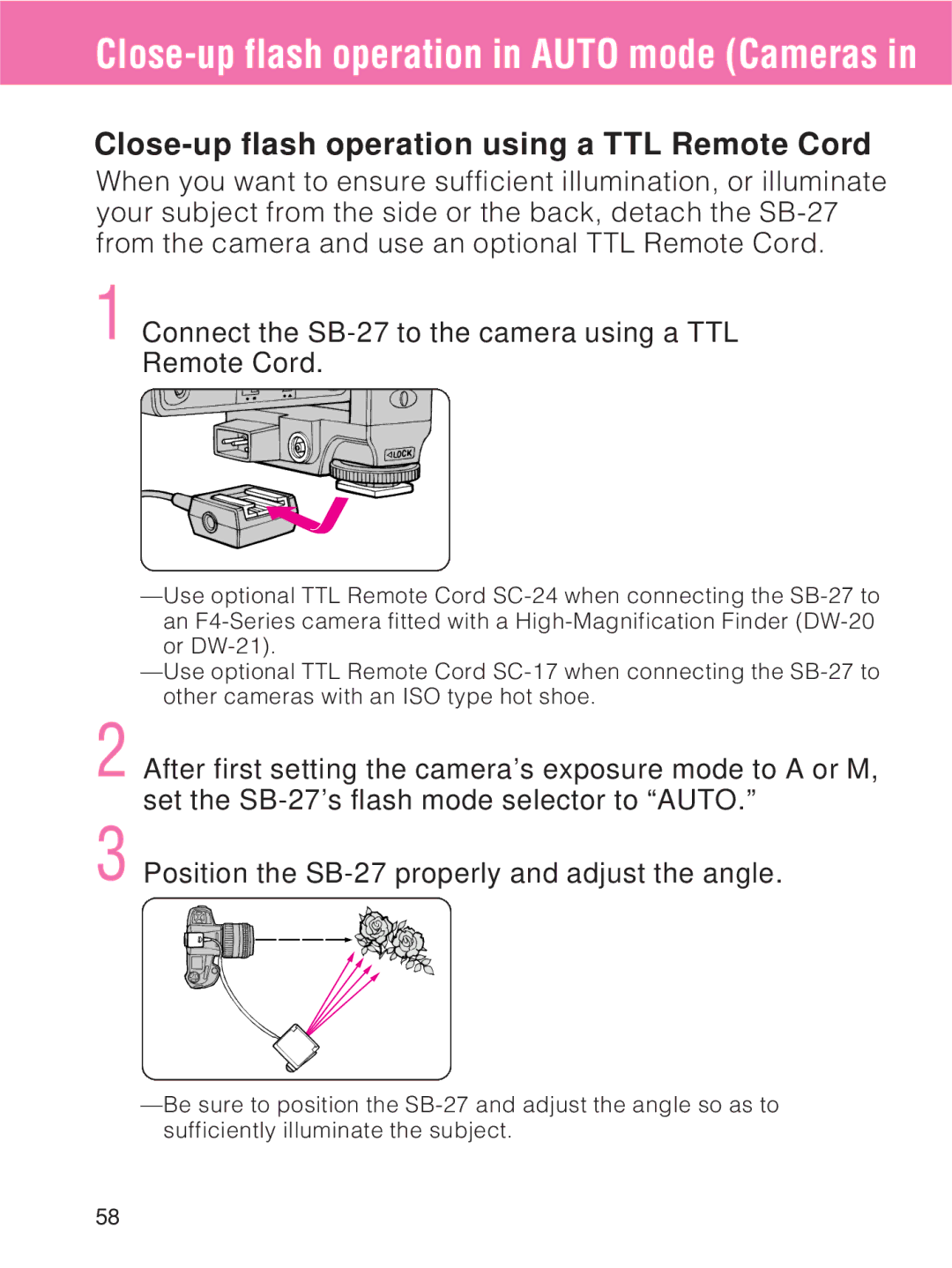 Nikon SB-27 Close-up flash operation in Auto mode Cameras, Close-up flash operation using a TTL Remote Cord 