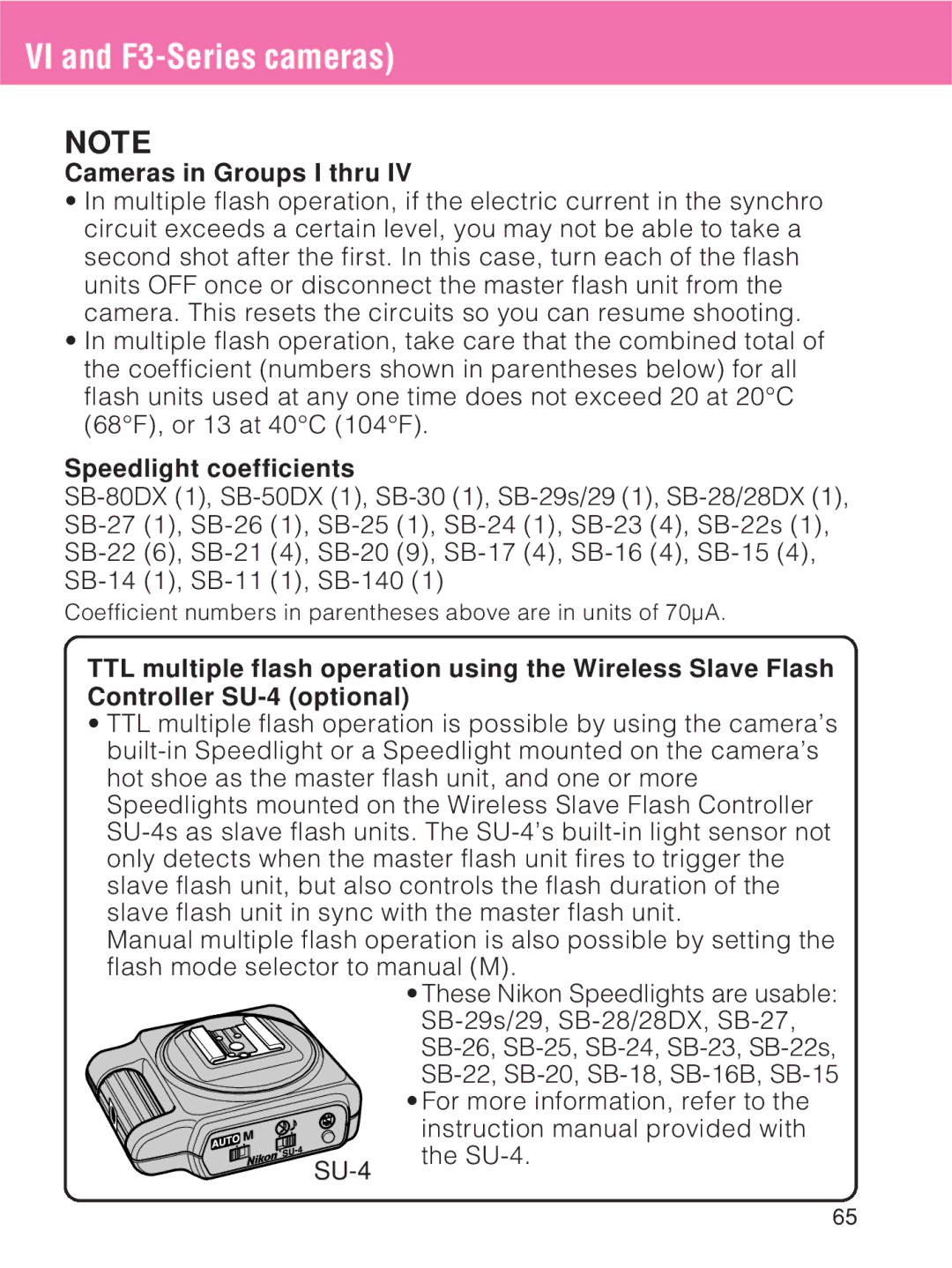 Nikon SB-27 instruction manual VI and F3-Series cameras, Cameras in Groups I thru, Speedlight coefficients 