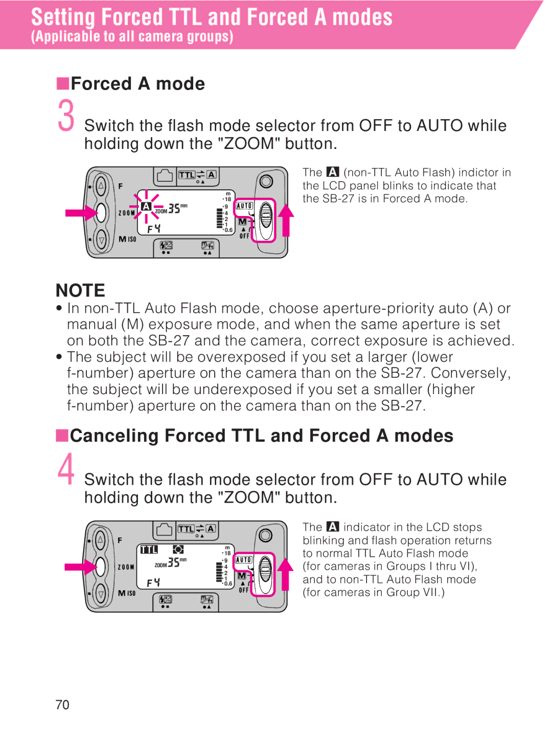 Nikon SB-27 instruction manual Setting Forced TTL and Forced a modes, Canceling Forced TTL and Forced a modes 