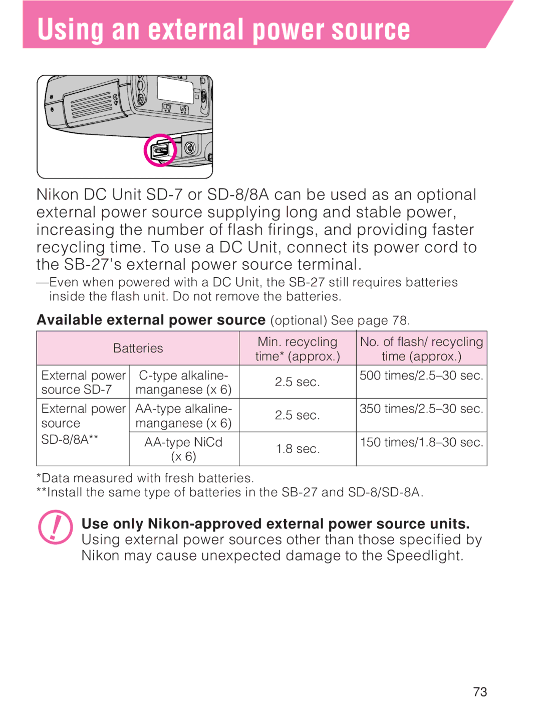 Nikon SB-27 instruction manual Using an external power source, Available external power source optional See 