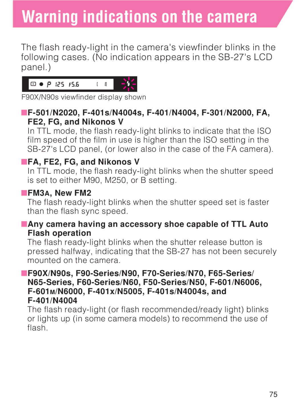 Nikon SB-27 instruction manual FA, FE2, FG, and Nikonos, FM3A, New FM2 