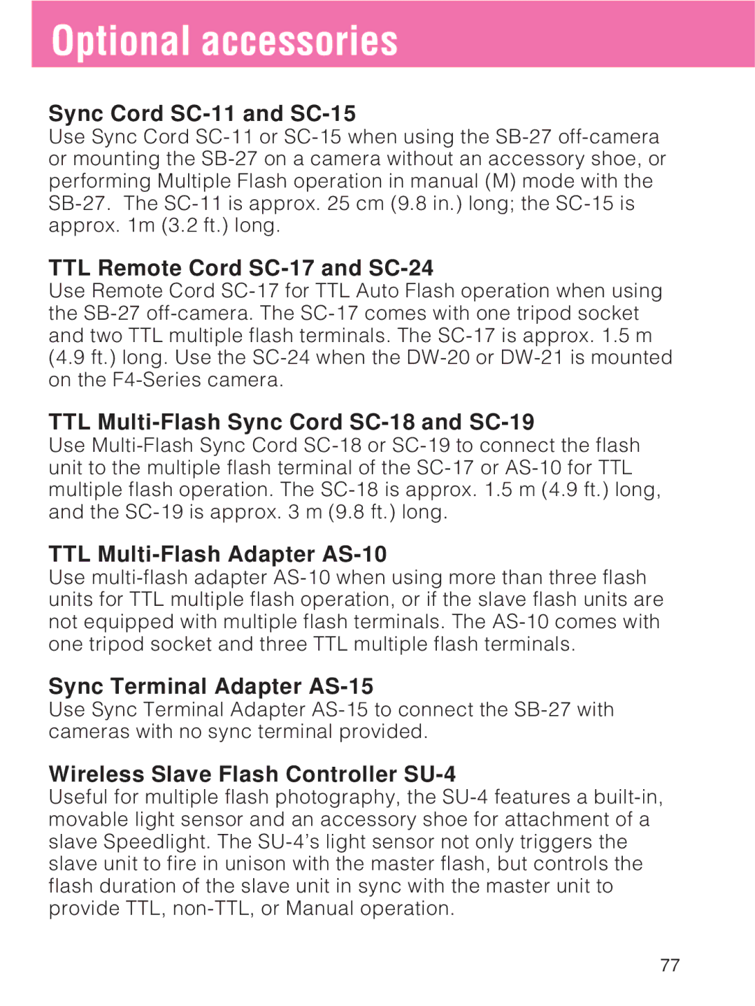 Nikon SB-27 instruction manual Optional accessories 