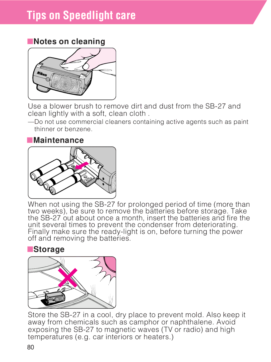 Nikon SB-27 instruction manual Tips on Speedlight care, Maintenance, Storage 