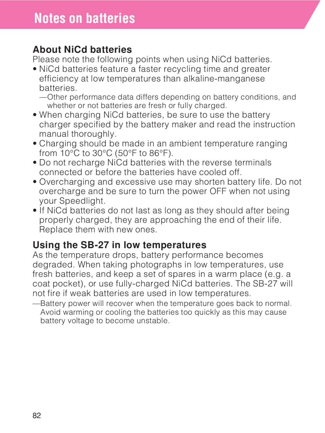 Nikon instruction manual About NiCd batteries, Using the SB-27 in low temperatures 