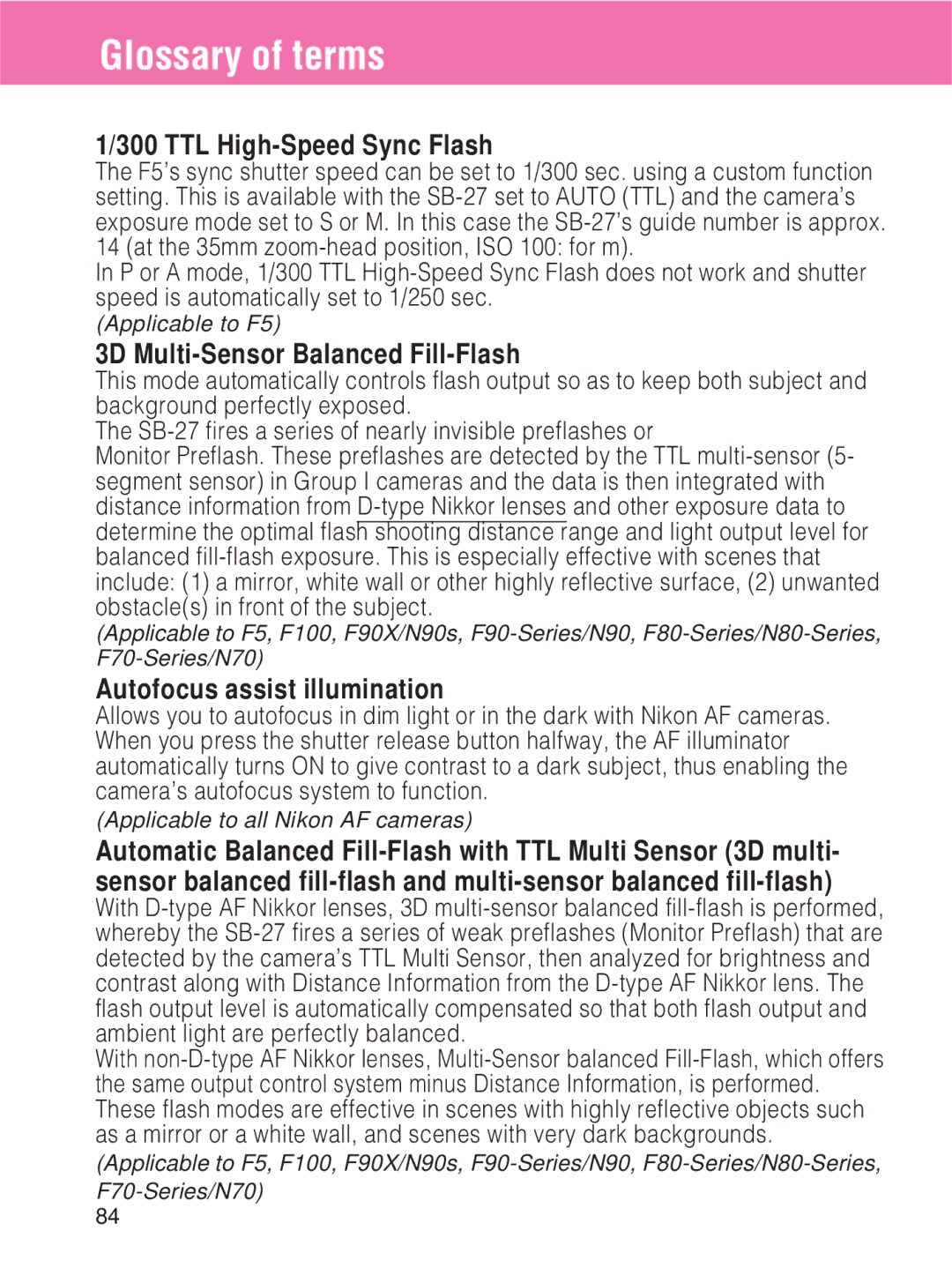 Nikon SB-27 instruction manual Glossary of terms, TTL High-Speed Sync Flash, 3D Multi-Sensor Balanced Fill-Flash 