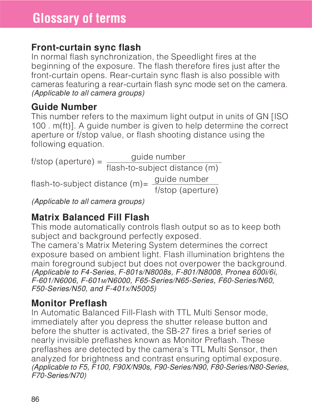 Nikon SB-27 instruction manual Front-curtain sync flash, Guide Number, Matrix Balanced Fill Flash, Monitor Preflash 