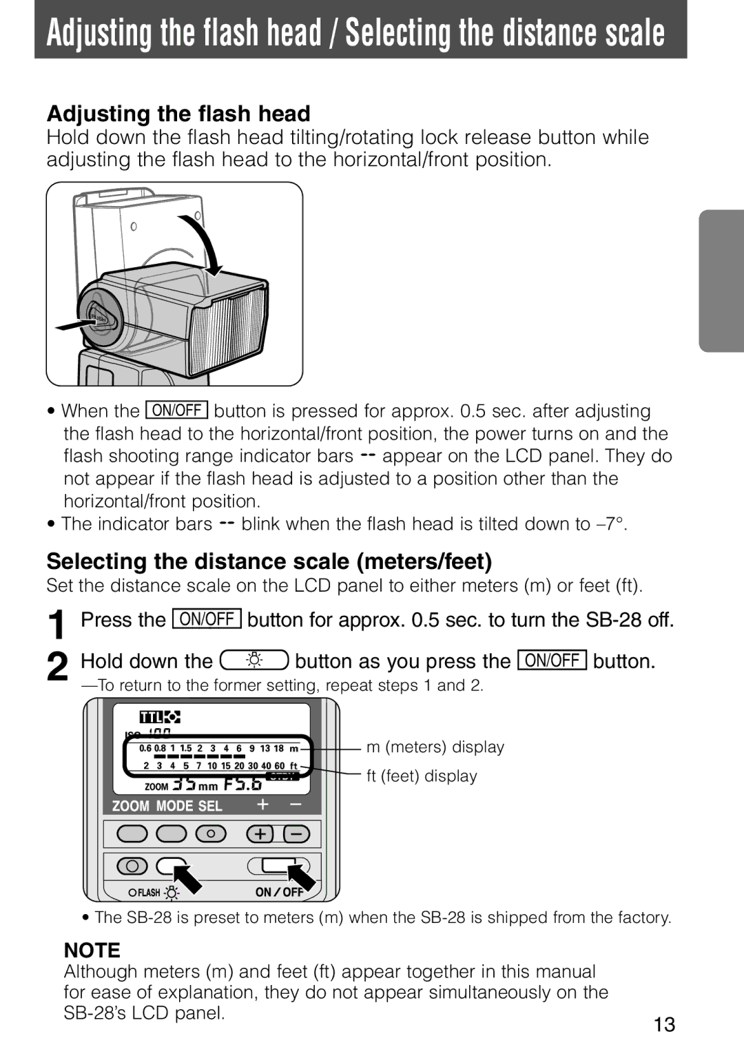 Nikon SB-28 instruction manual Adjusting the flash head, Selecting the distance scale meters/feet 