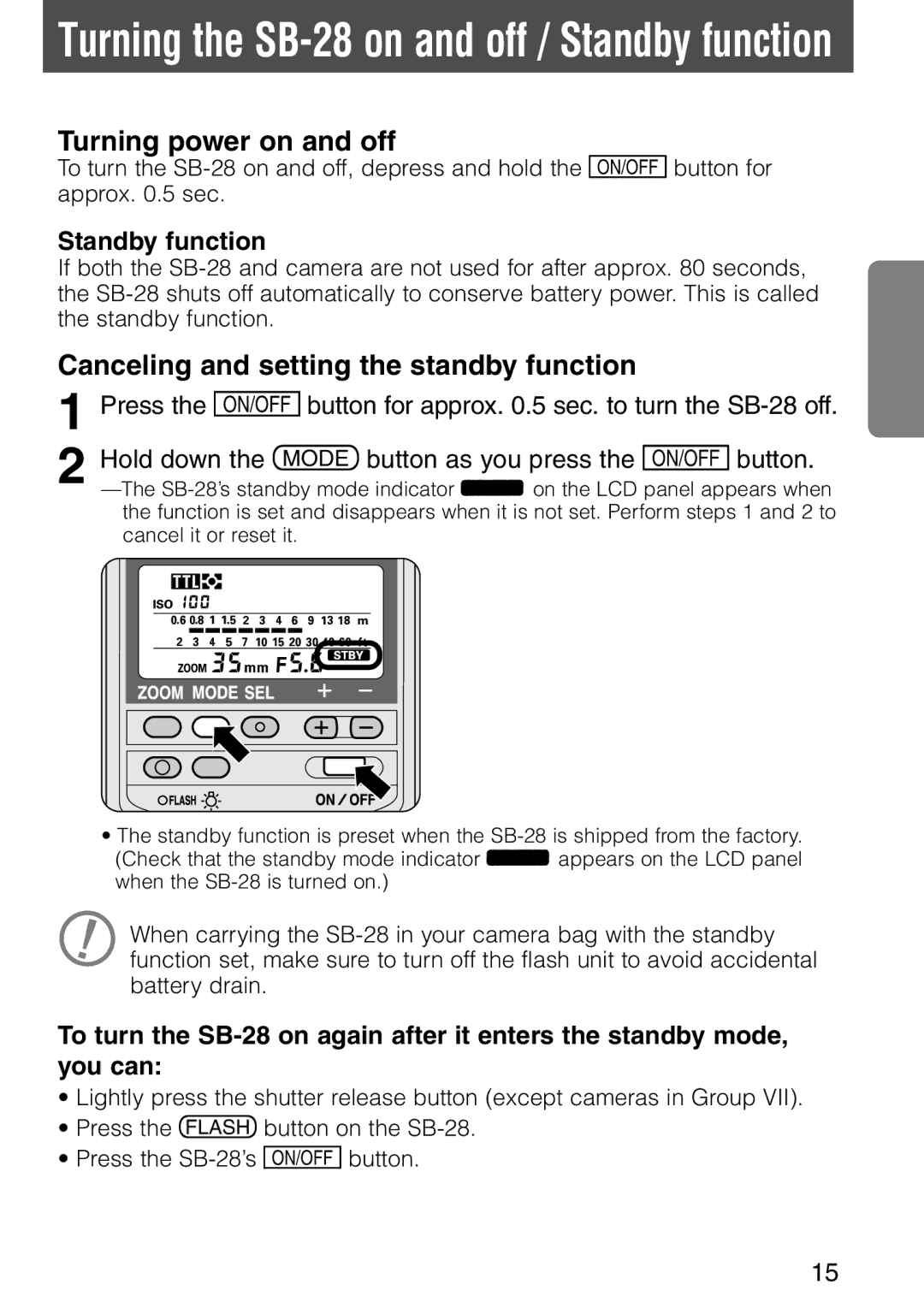 Nikon instruction manual Turning the SB-28 on and off / Standby function, Turning power on and off 