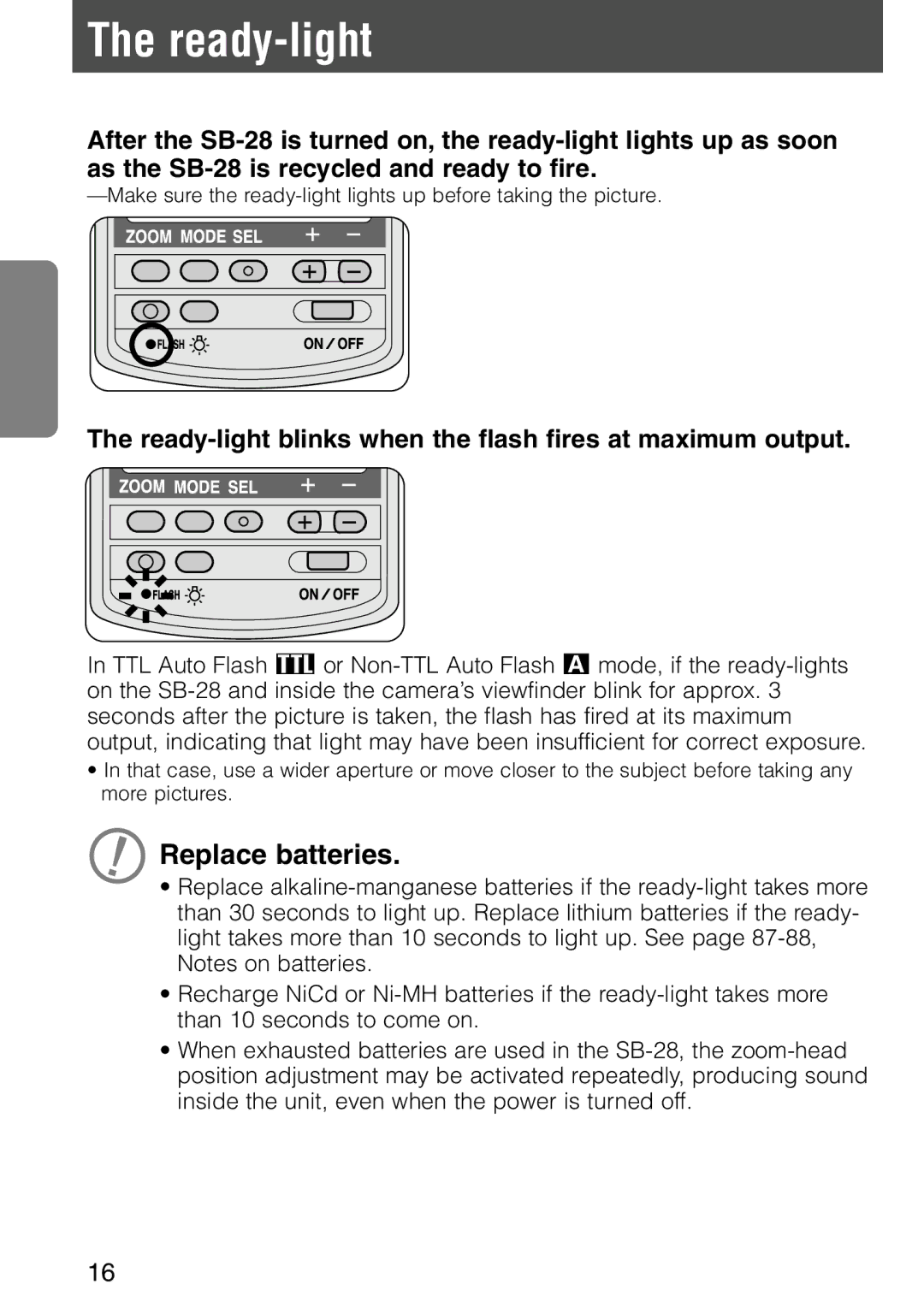 Nikon SB-28 instruction manual Replace batteries, Ready-light blinks when the flash fires at maximum output 