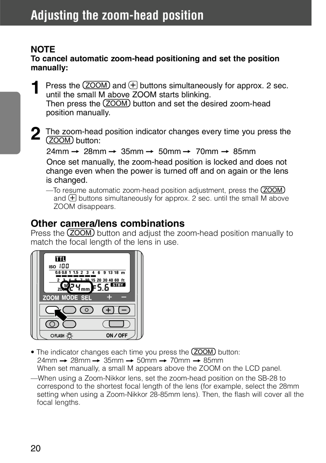 Nikon SB-28 instruction manual Adjusting the zoom-head position, Other camera/lens combinations 