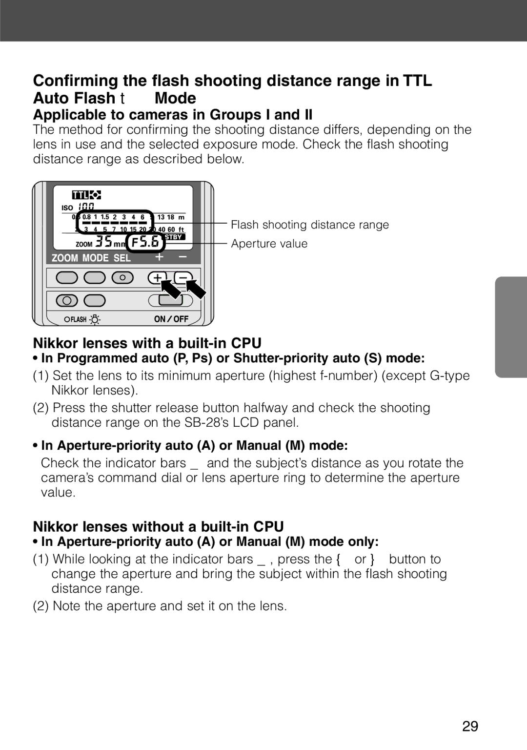 Nikon SB-28 Applicable to cameras in Groups I, Nikkor lenses with a built-in CPU, Nikkor lenses without a built-in CPU 