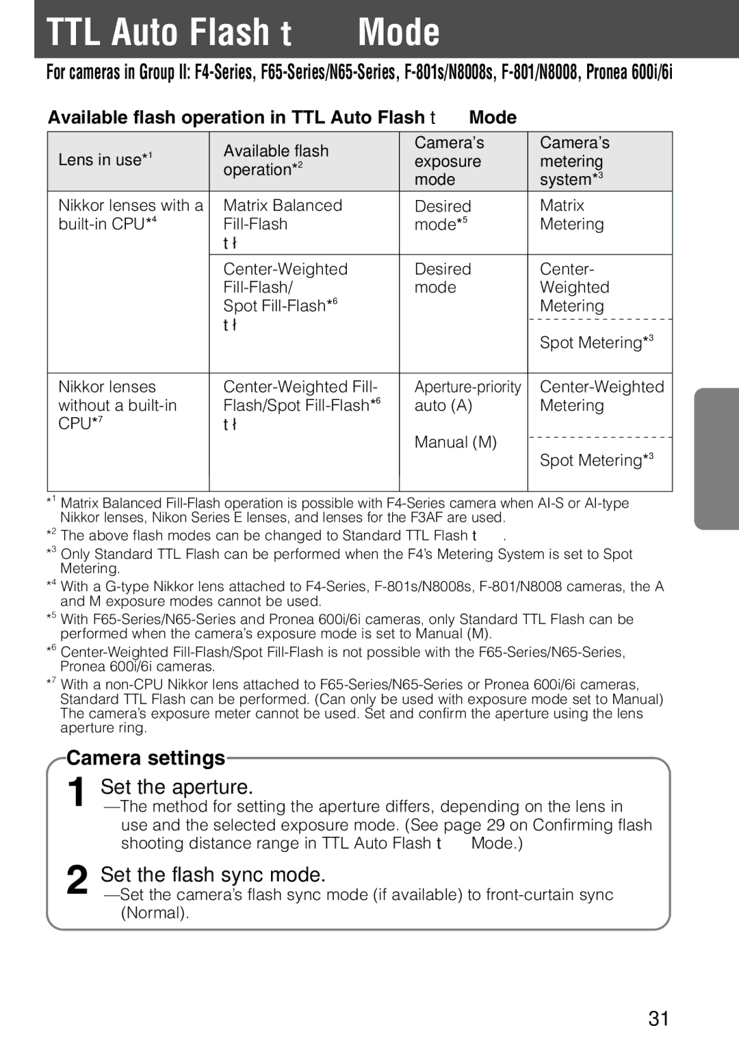 Nikon SB-28 instruction manual Available flash operation in TTL Auto Flash t Mode 