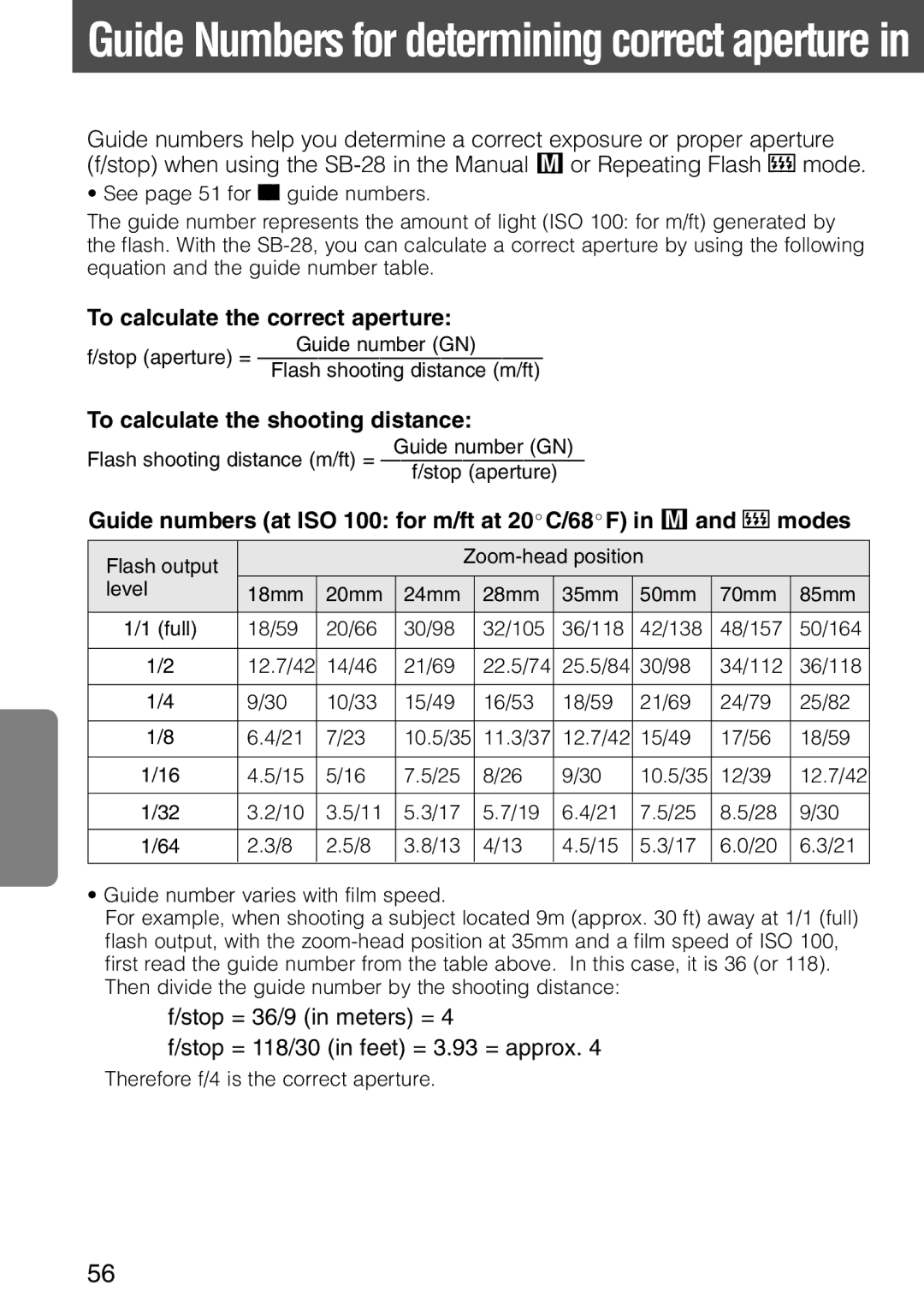 Nikon SB-28 instruction manual To calculate the correct aperture, To calculate the shooting distance 