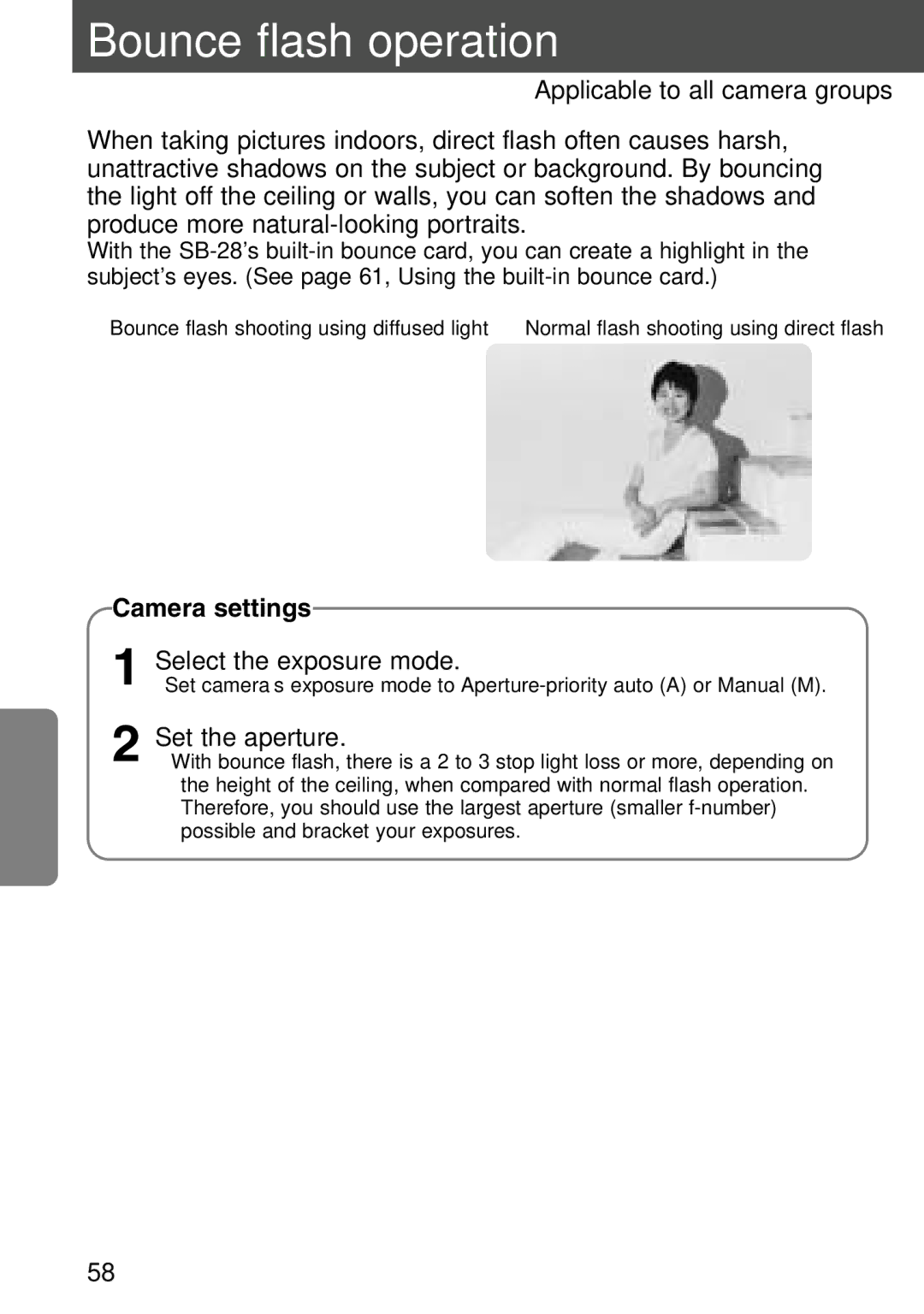 Nikon SB-28 instruction manual Bounce flash operation, Applicable to all camera groups 