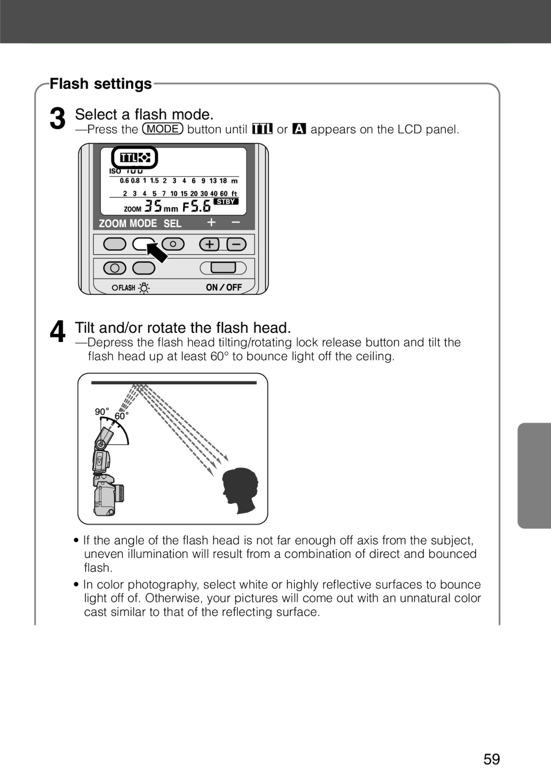 Nikon SB-28 instruction manual Select a flash mode, Tilt and/or rotate the flash head 