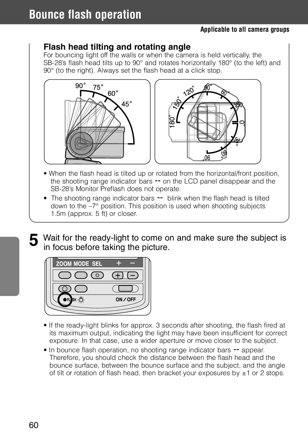 Nikon SB-28 instruction manual Bounce flash operation, Flash head tilting and rotating angle 