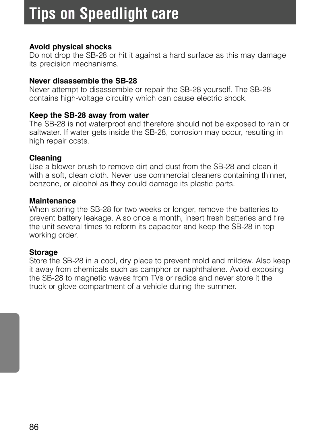 Nikon SB-28 instruction manual Tips on Speedlight care 