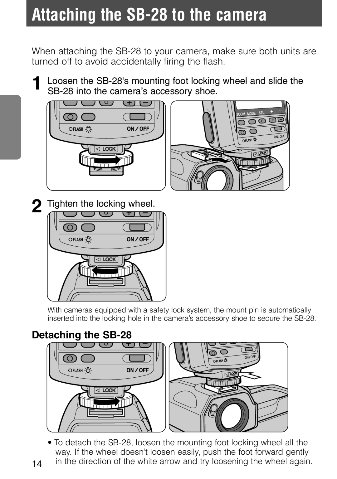 Nikon instruction manual Attaching the SB-28 to the camera, Detaching the SB-28 