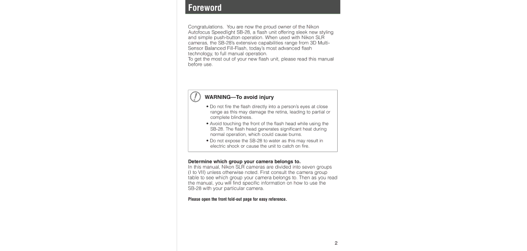 Nikon SB-28 instruction manual Foreword, Determine which group your camera belongs to 