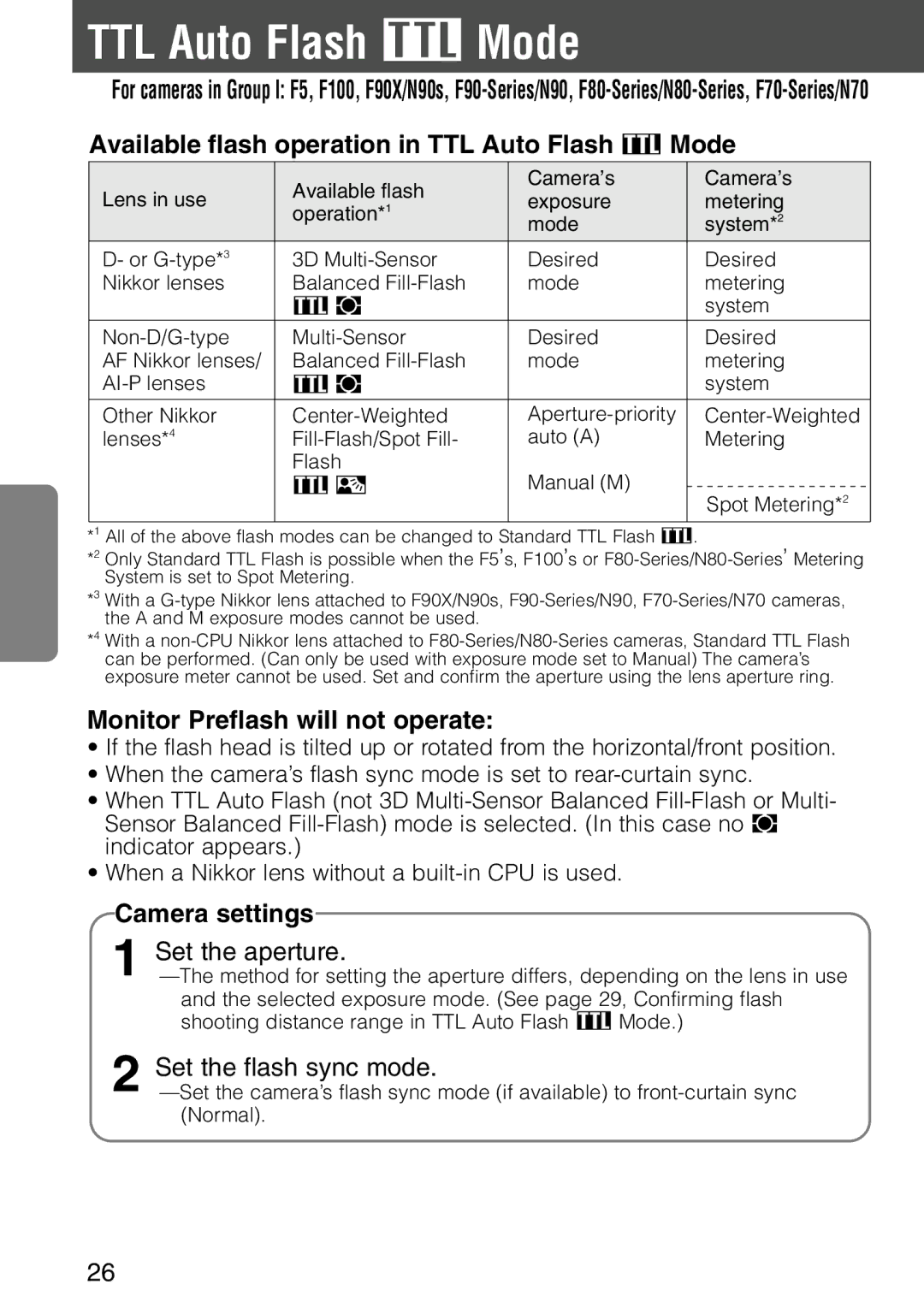 Nikon SB-28 Available flash operation in TTL Auto Flash t Mode, Monitor Preflash will not operate, Camera settings 
