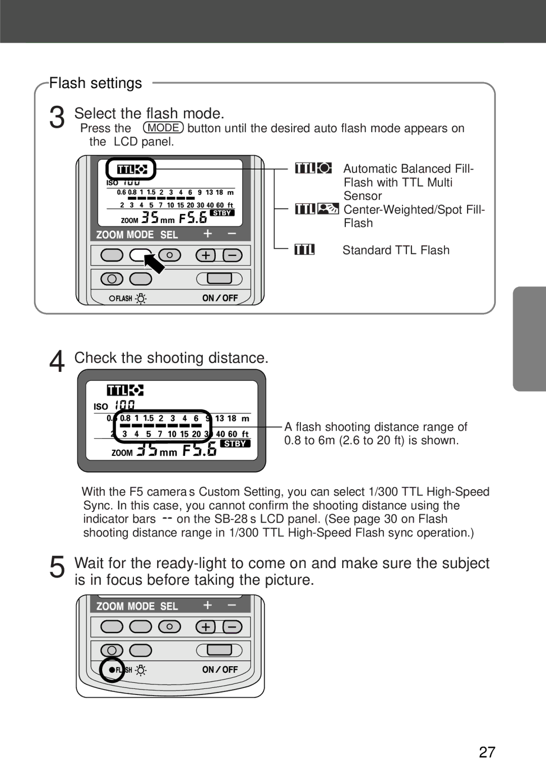 Nikon SB-28 instruction manual Flash settings, Select the flash mode 