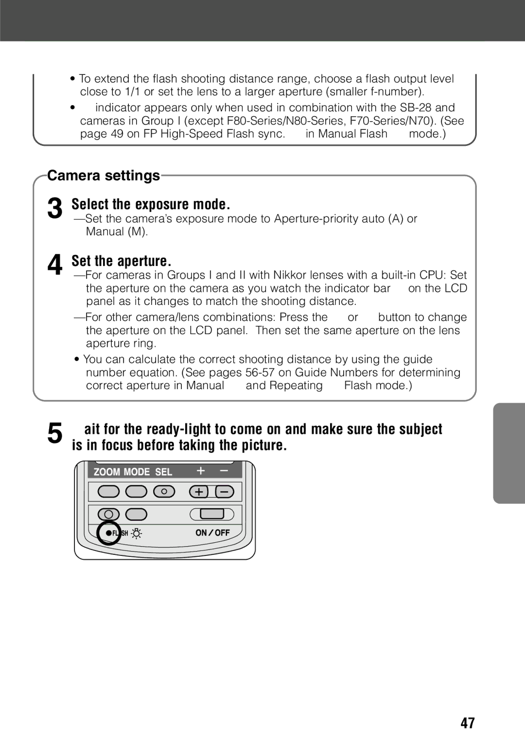 Nikon SB-28 instruction manual Camera settings, Select the exposure mode 