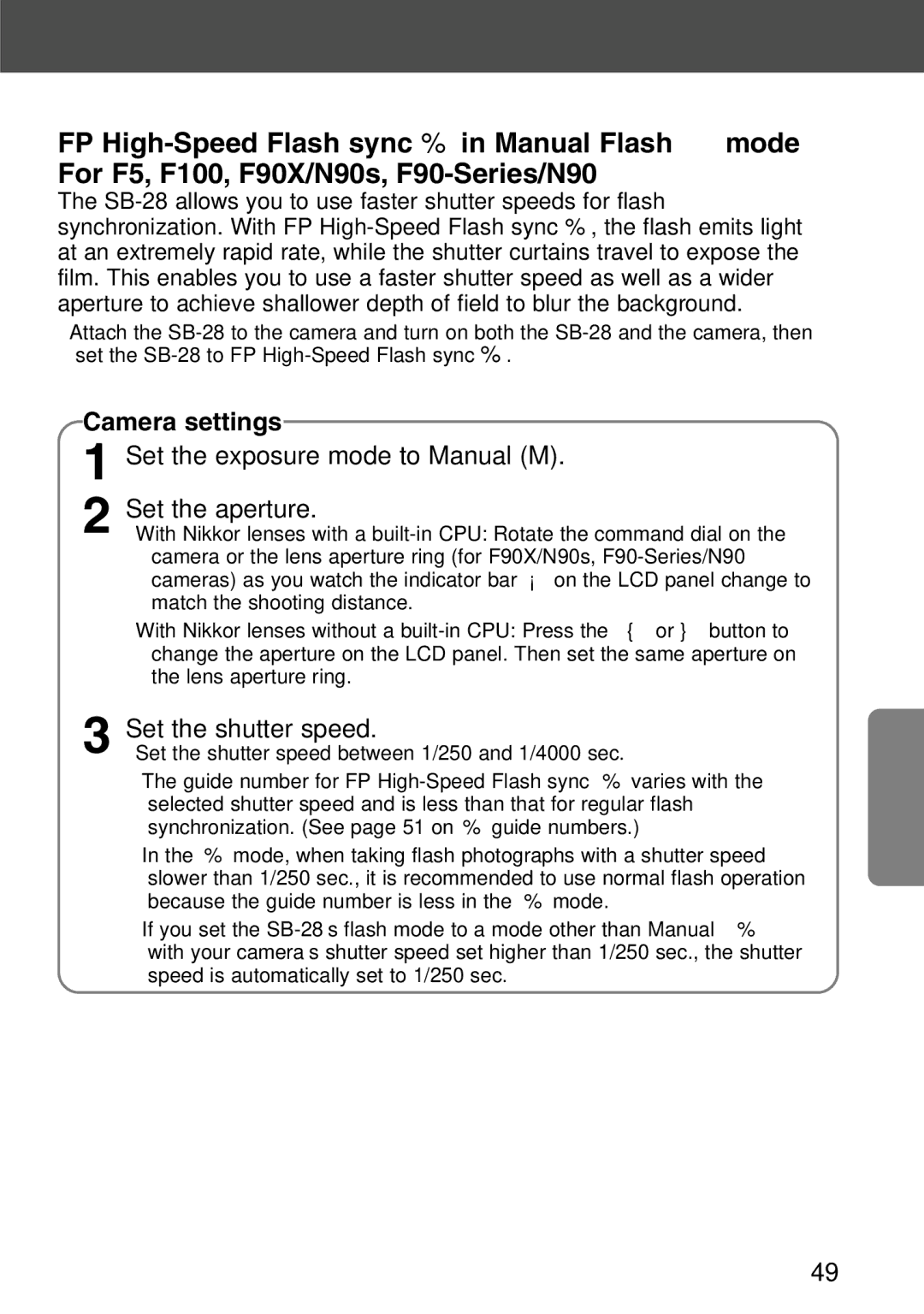 Nikon SB-28 instruction manual Set the exposure mode to Manual M Set the aperture, Set the shutter speed 