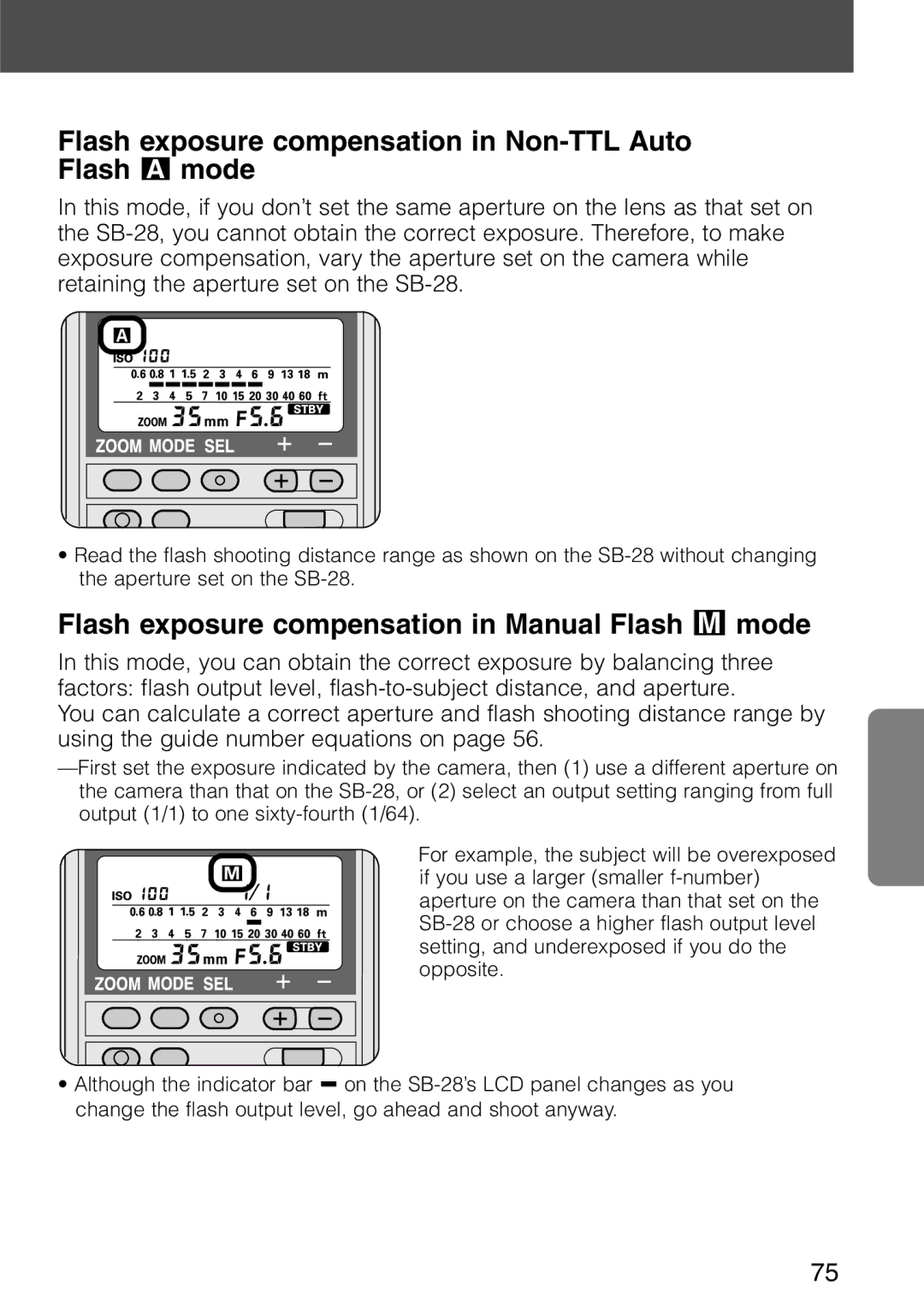 Nikon SB-28 Flash exposure compensation in Non-TTL Auto Flash ˙ mode, Flash exposure compensation in Manual Flash ƒ mode 