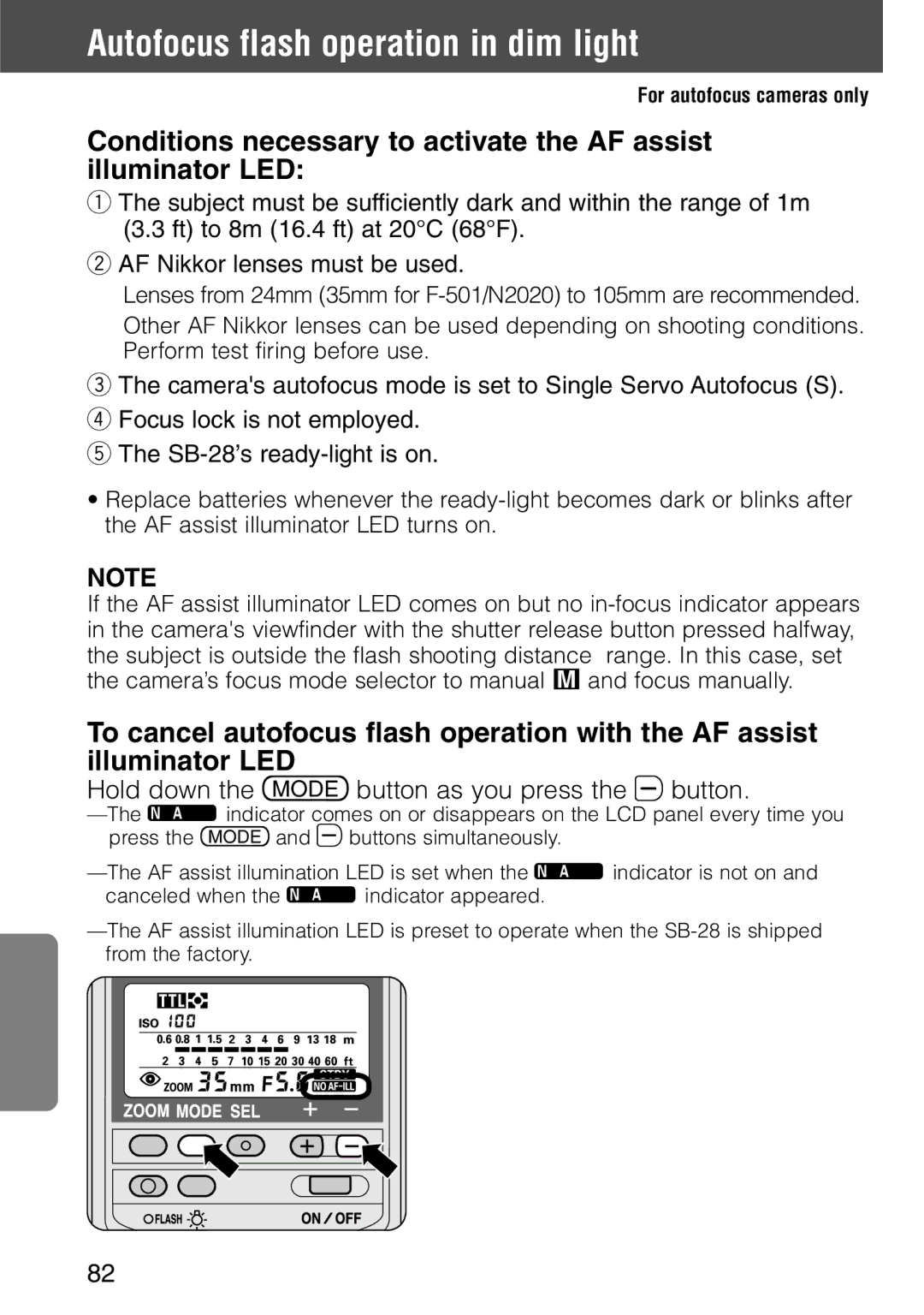 Nikon SB-28 instruction manual Autofocus flash operation in dim light, Hold down the µ button as you press the button 