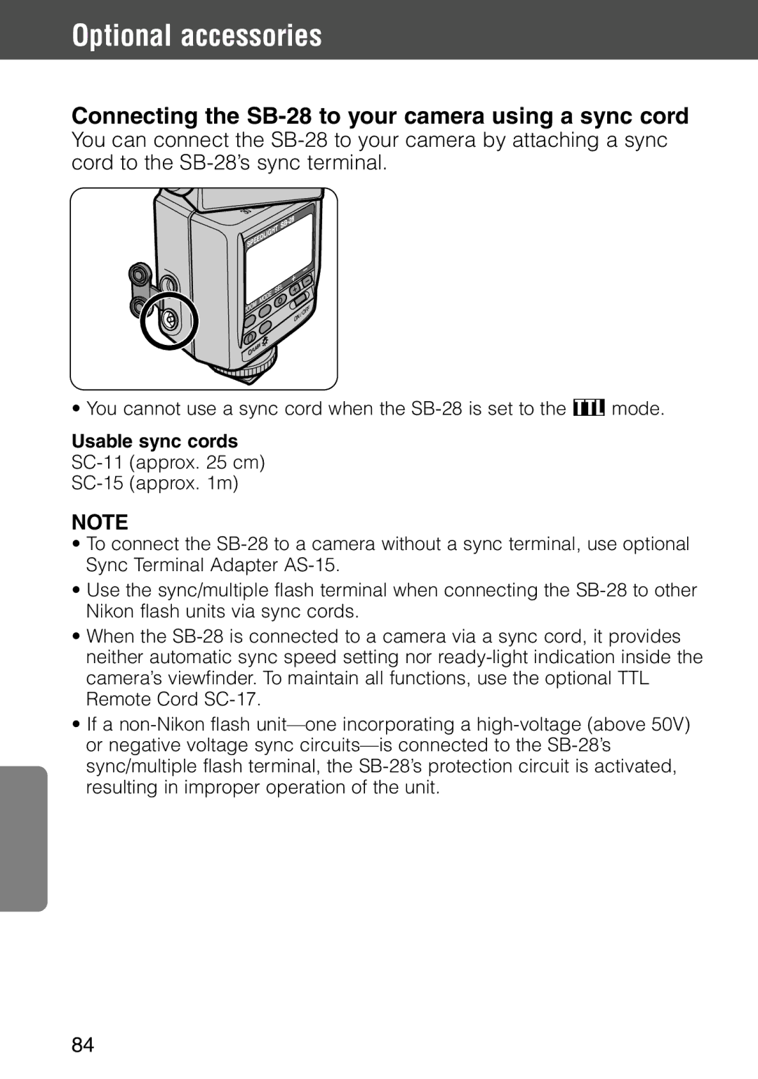 Nikon instruction manual Optional accessories, Connecting the SB-28 to your camera using a sync cord, Usable sync cords 