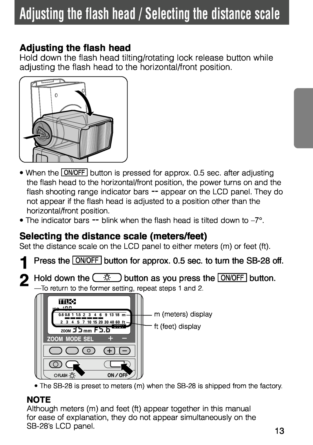 Nikon SB-28 instruction manual Adjusting the flash head, Selecting the distance scale meters/feet 