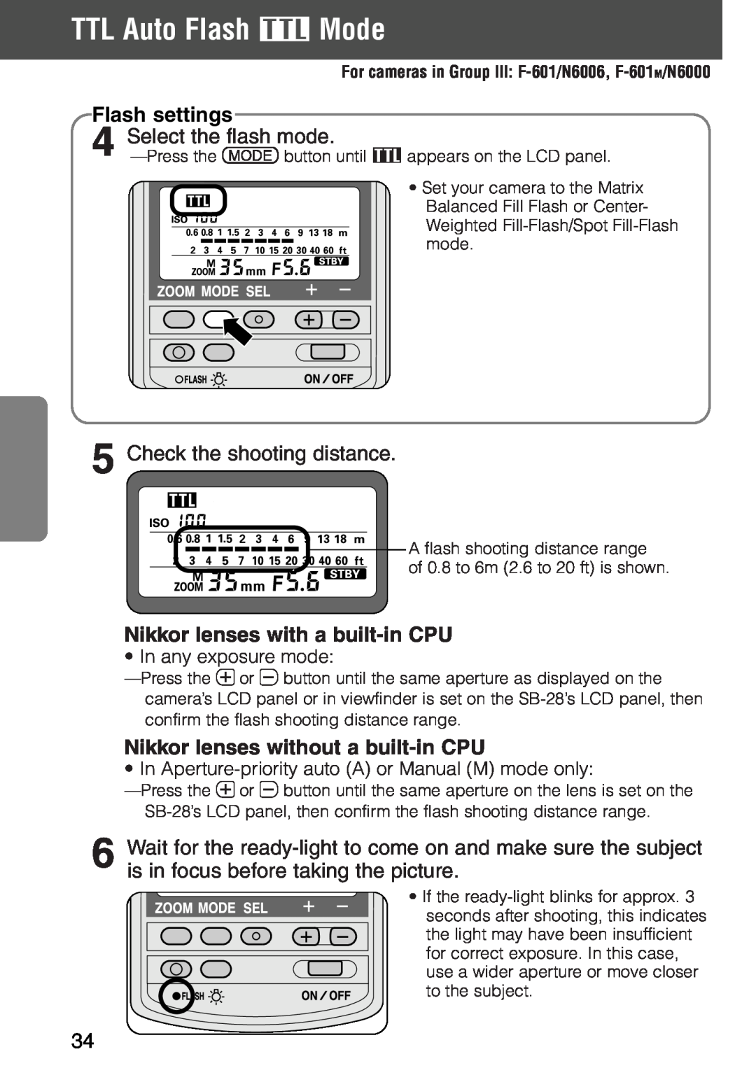 Nikon SB-28 instruction manual TTL Auto Flash t Mode, Flash settings, flash mode, Select the, 5Check the shooting distance 