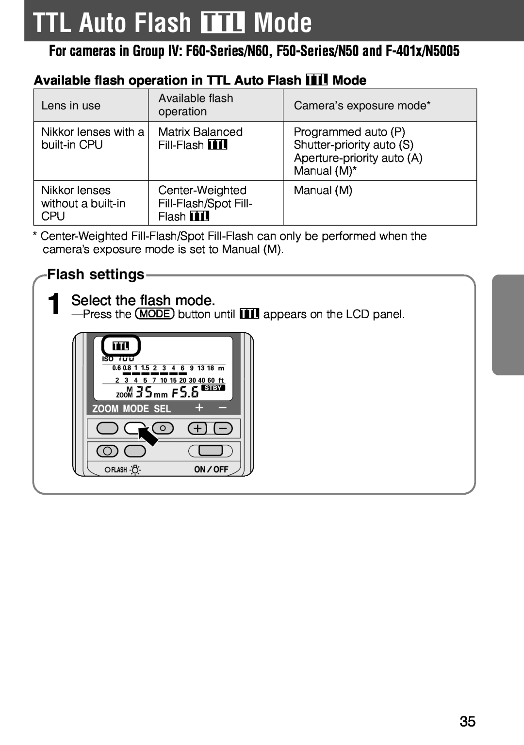 Nikon SB-28 instruction manual TTL Auto Flash t Mode, Flash settings, Select the flash mode 