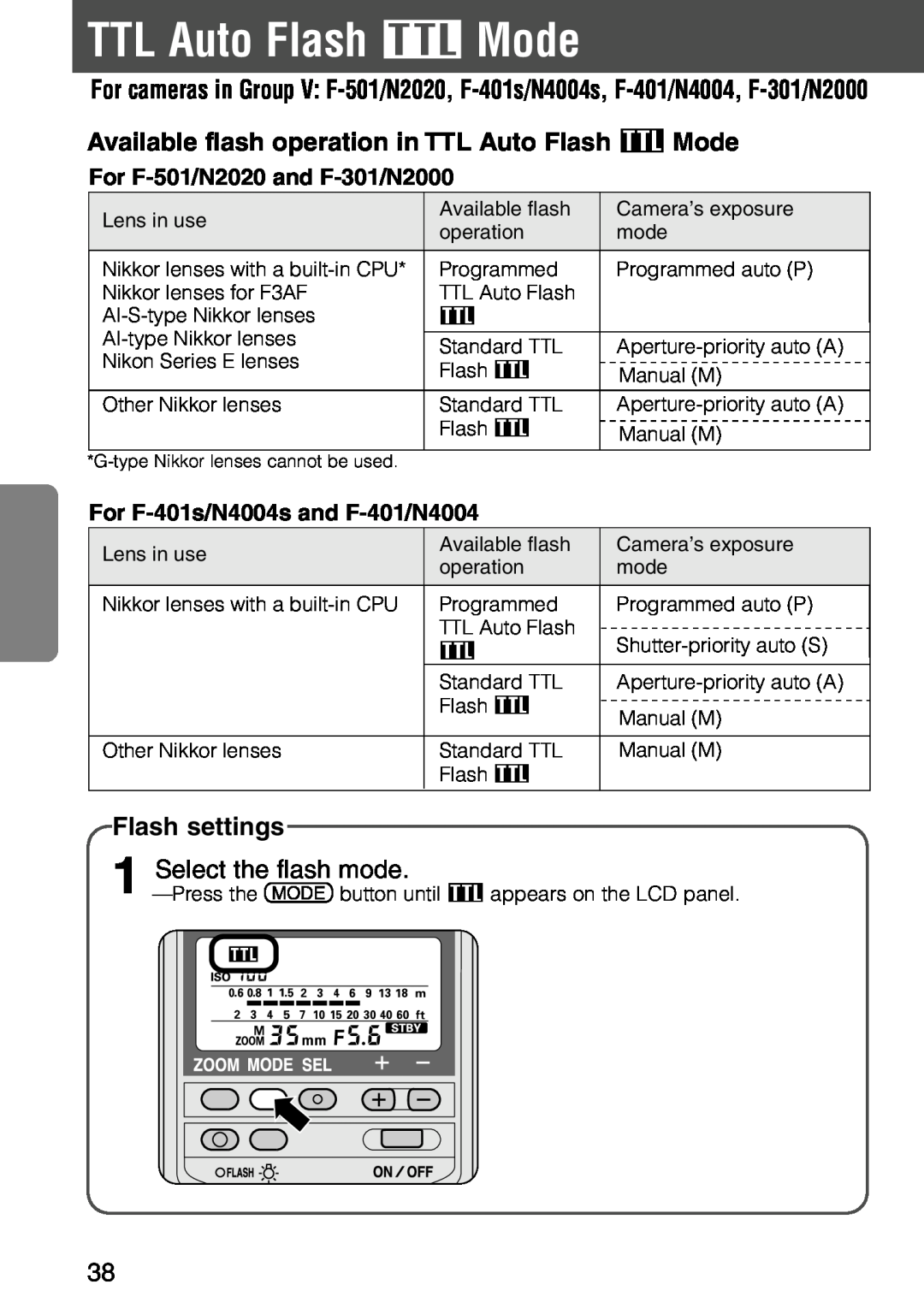 Nikon SB-28 instruction manual TTL Auto Flash t Mode, Flash settings, Select the flash mode, For F-501/N2020and F-301/N2000 