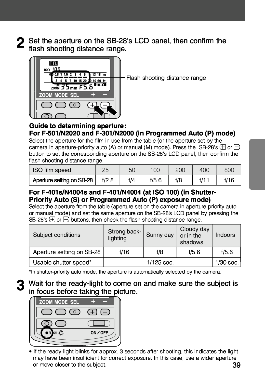 Nikon instruction manual 2Set the aperture on the SB-28’sLCD panel, then confirm the flash shooting distance range 