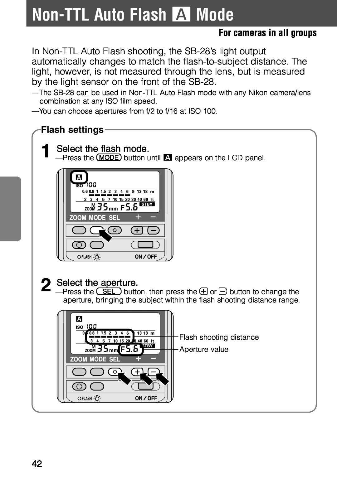 Nikon SB-28 instruction manual Non-TTLAuto Flash ˙ Mode, For cameras in all groups, Flash settings 