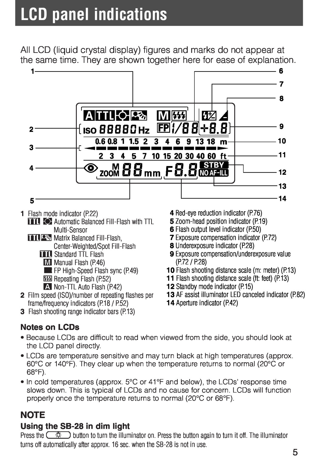 Nikon instruction manual LCD panel indications, Notes on LCDs, Using the SB-28in dim light, 2 3 4 5, 9 10 11 