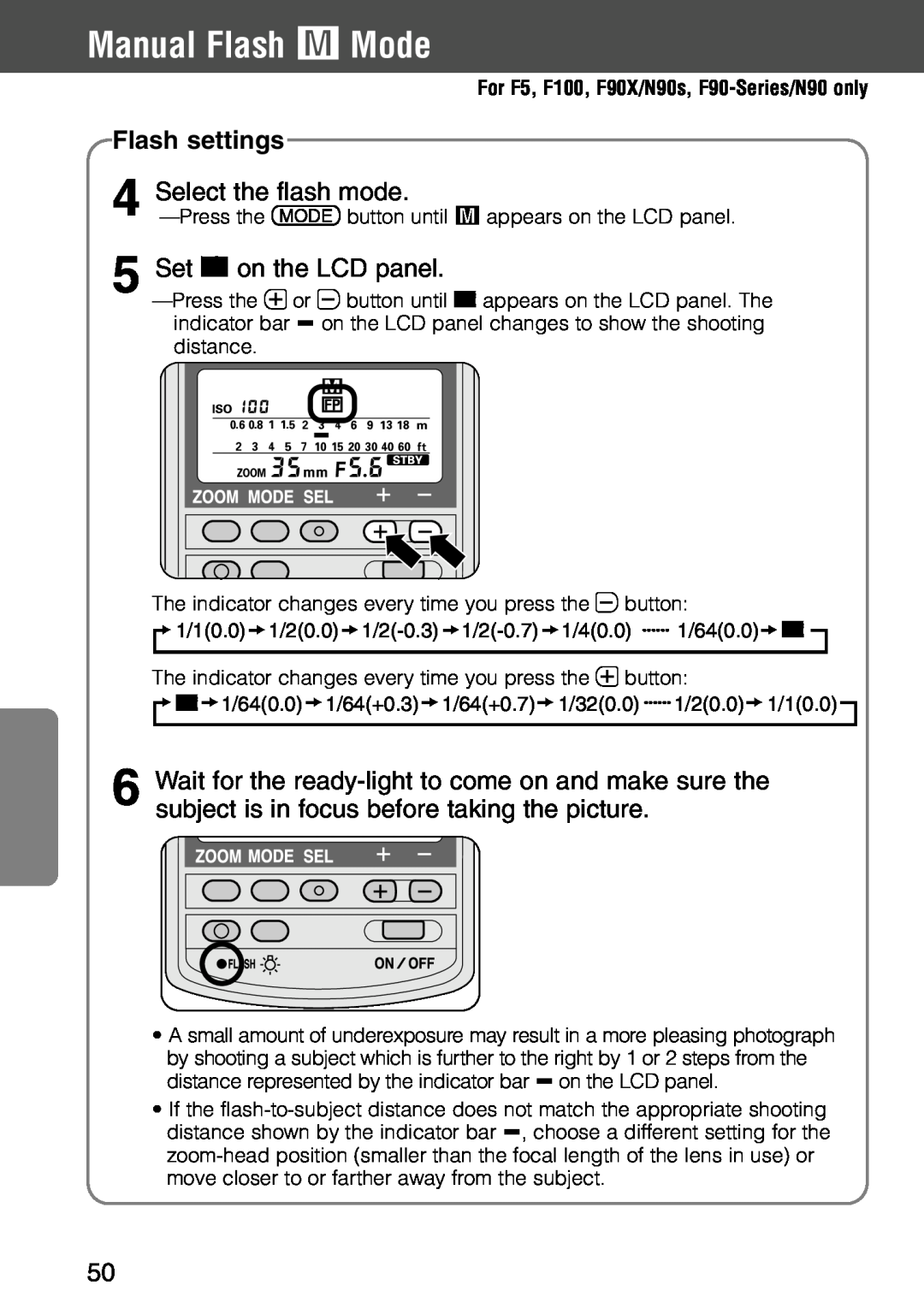 Nikon SB-28 instruction manual Manual Flash ƒ Mode, Flash settings, Select the flash mode, Set % on the LCD panel 