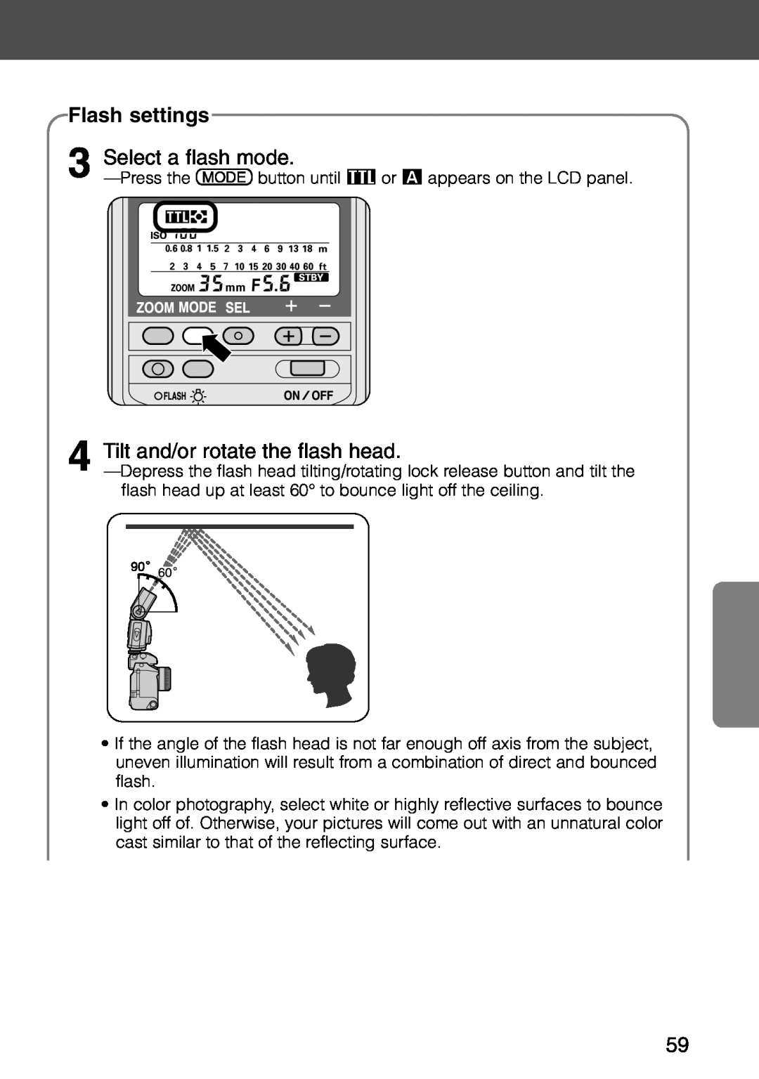 Nikon SB-28 instruction manual Flash settings, Select a flash mode, Tilt and/or rotate the flash head 