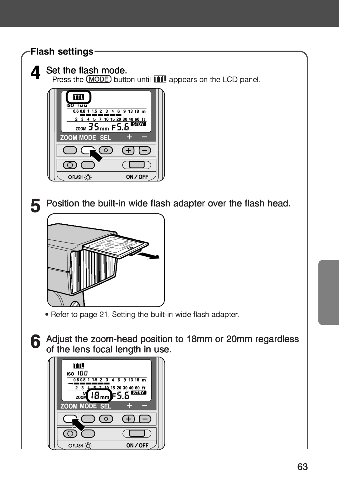 Nikon SB-28 instruction manual Flash settings, 5Position the built-inwide flash adapter over the flash head 