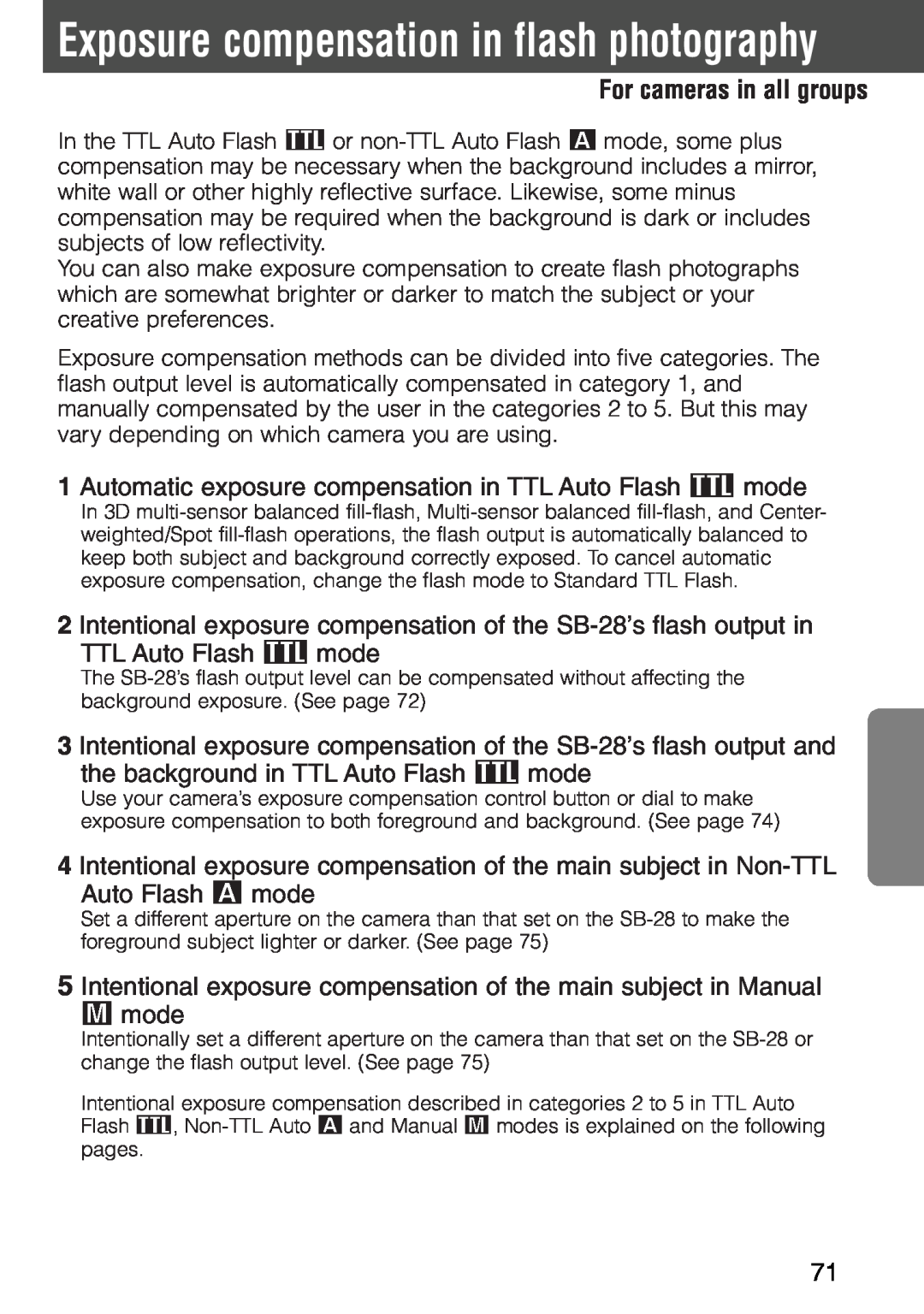 Nikon SB-28 instruction manual Exposure compensation in flash photography, For cameras in all groups 