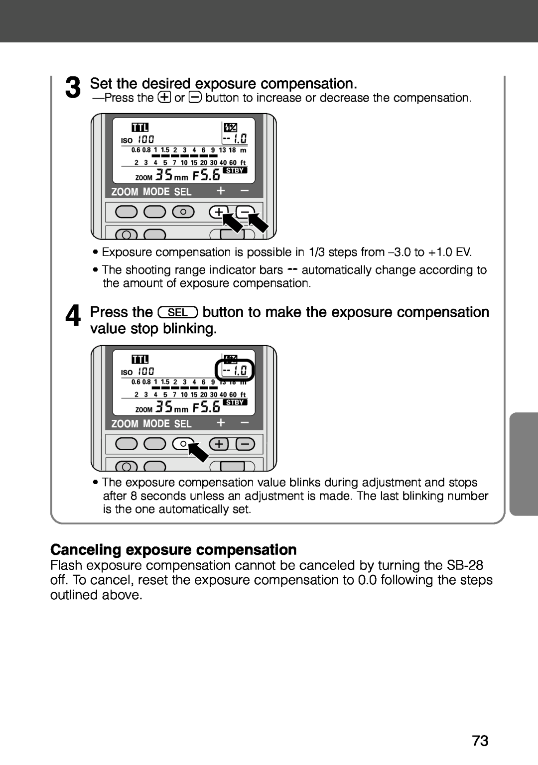 Nikon SB-28 instruction manual 3Set the desired exposure compensation, Canceling exposure compensation 