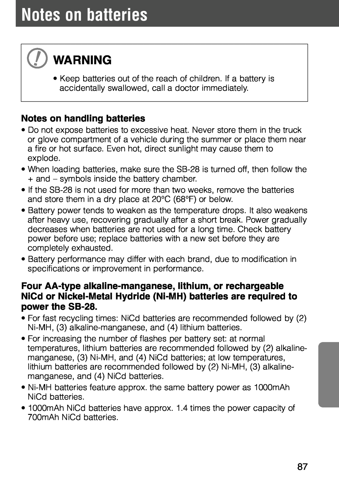 Nikon SB-28 instruction manual Notes on batteries, Notes on handling batteries 
