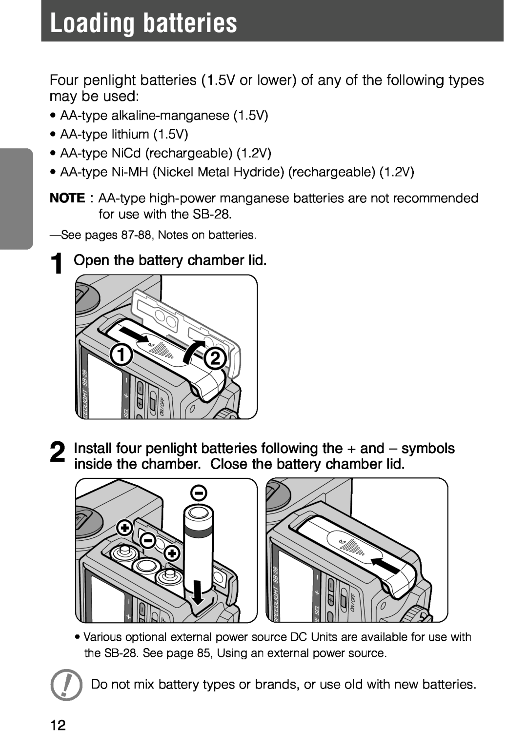 Nikon SB-28 instruction manual Loading batteries 