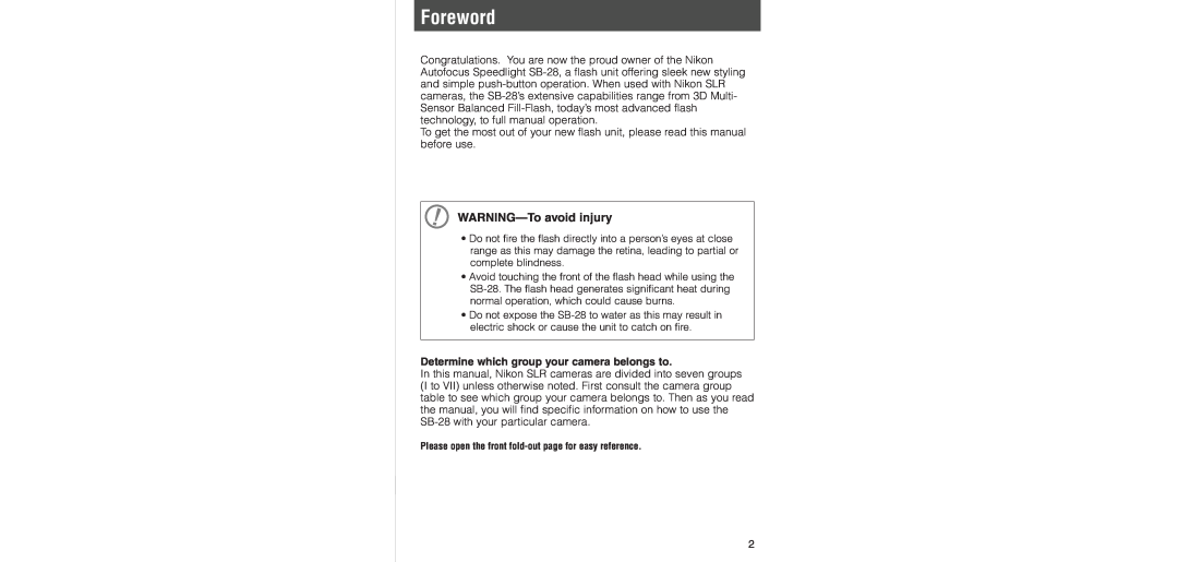 Nikon SB-28 instruction manual Foreword, WARNING-Toavoid injury, Determine which group your camera belongs to 