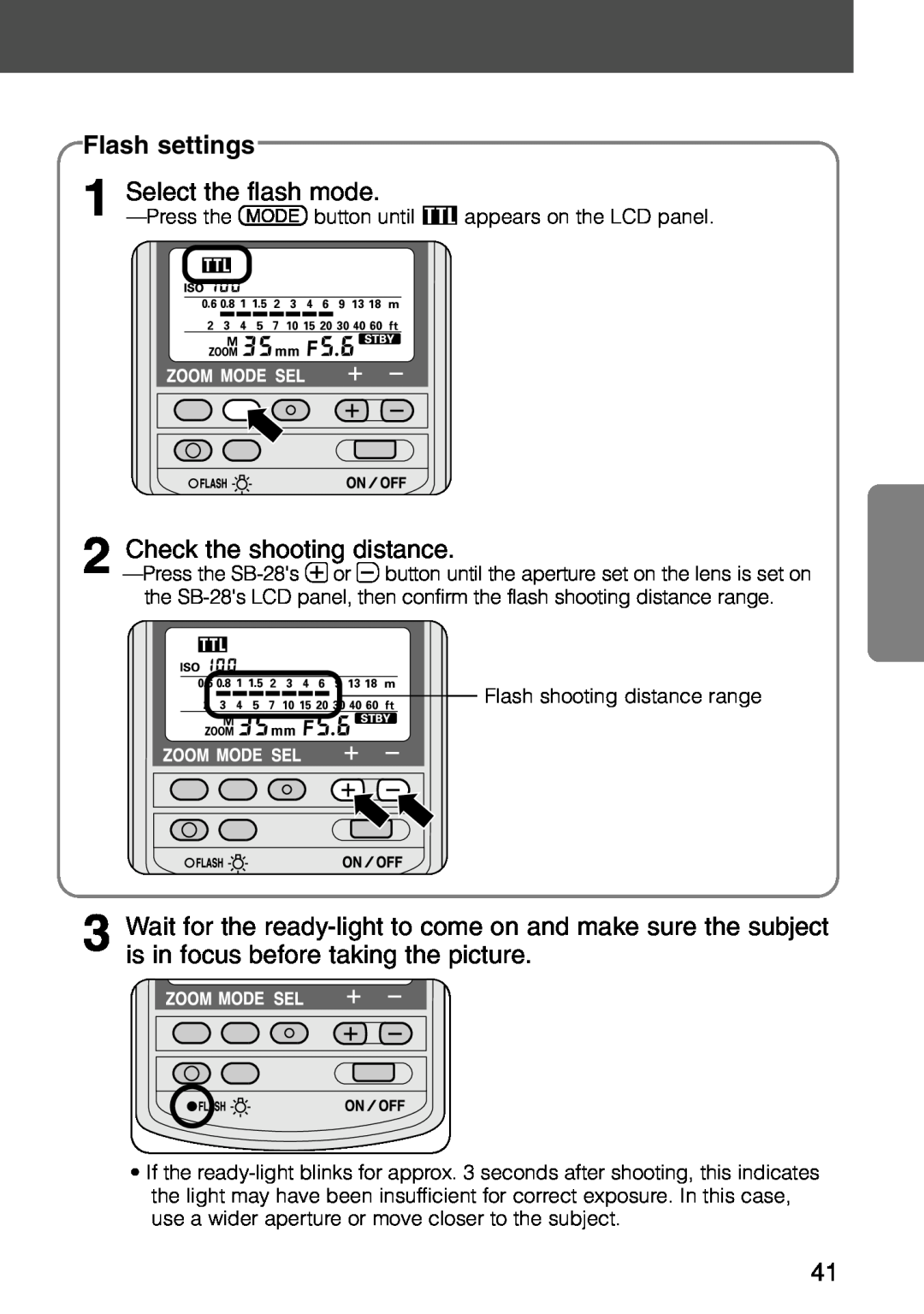 Nikon SB-28 instruction manual Flash settings, Select the flash mode, 2Check the shooting distance 