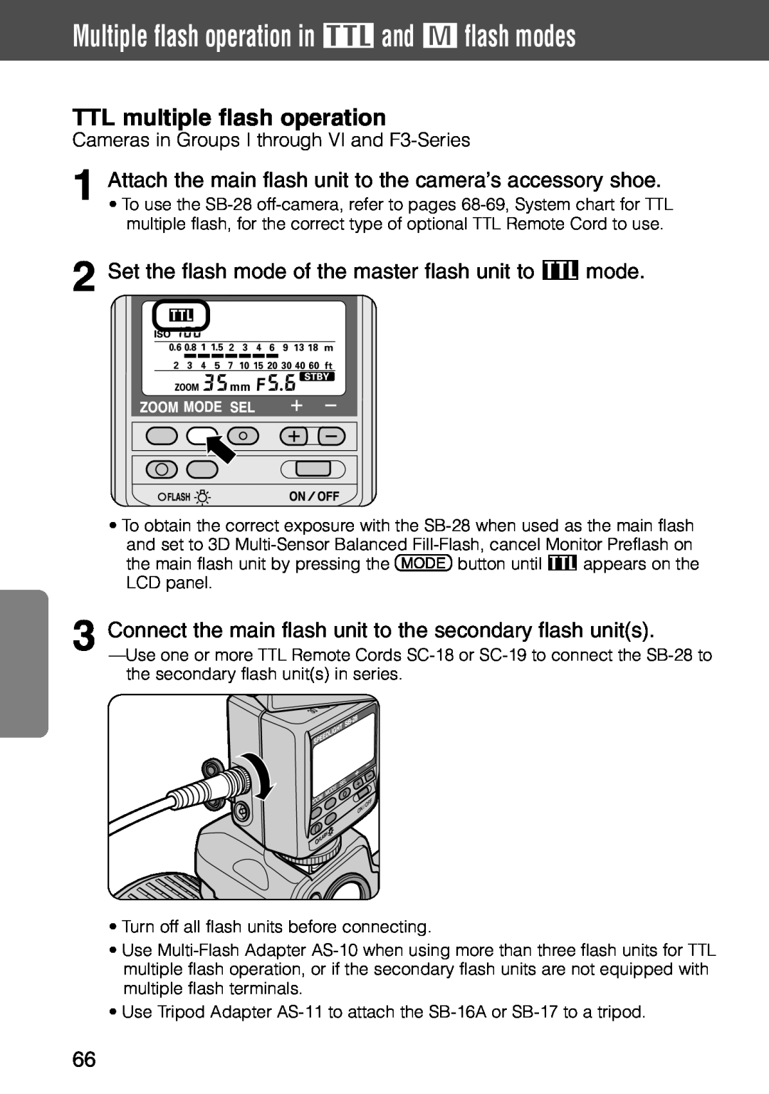 Nikon SB-28 instruction manual Multiple flash operation in t and ƒ flash modes, TTL multiple flash operation 