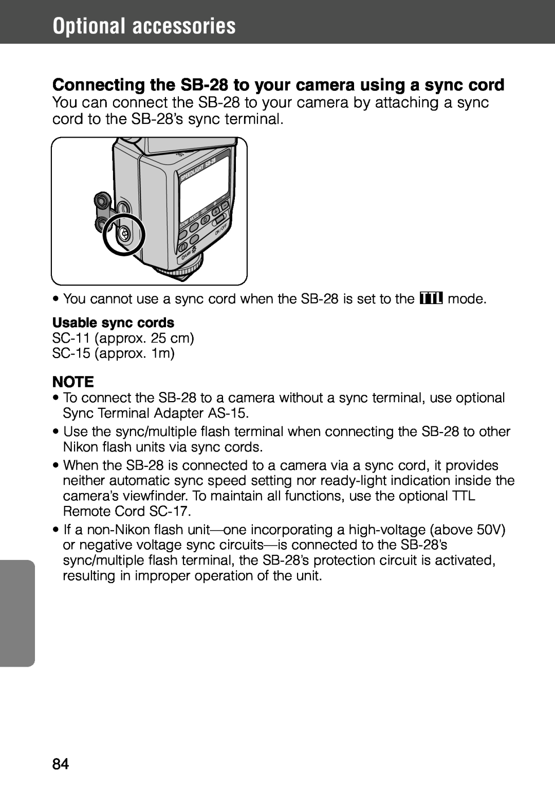 Nikon SB-28 instruction manual Optional accessories, Usable sync cords 