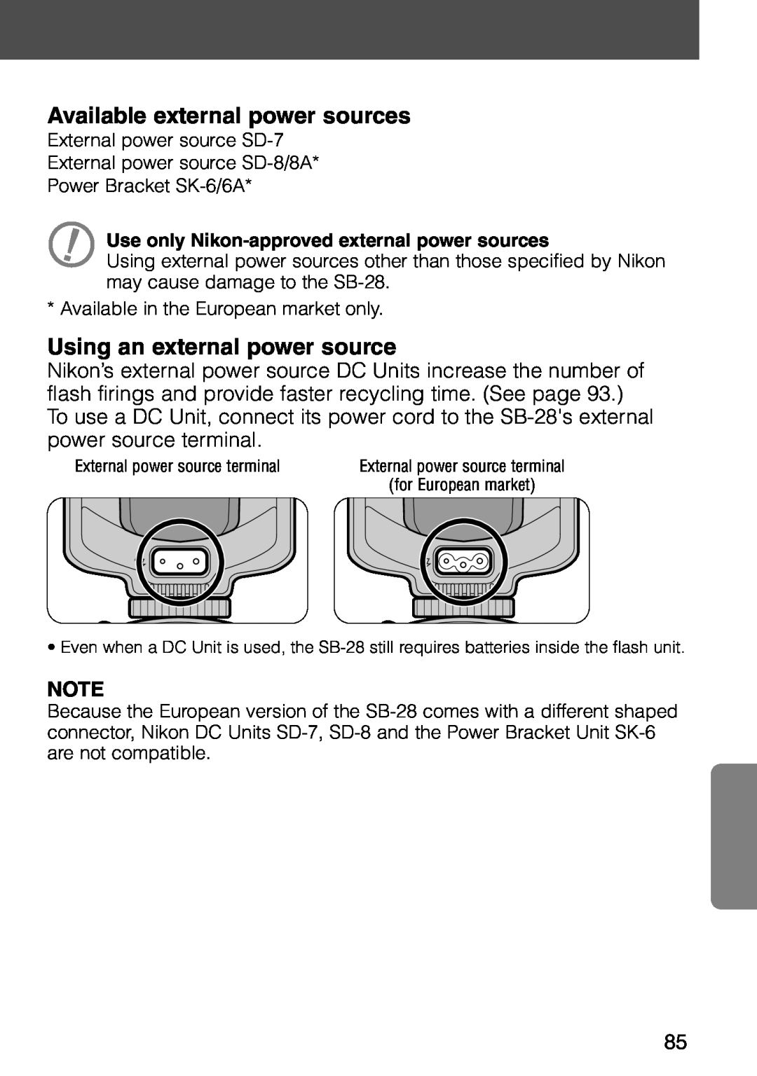 Nikon SB-28 instruction manual Available external power sources, Using an external power source 